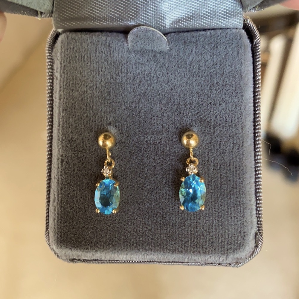 14k Gold Blue Topaz Earrings with diamonds